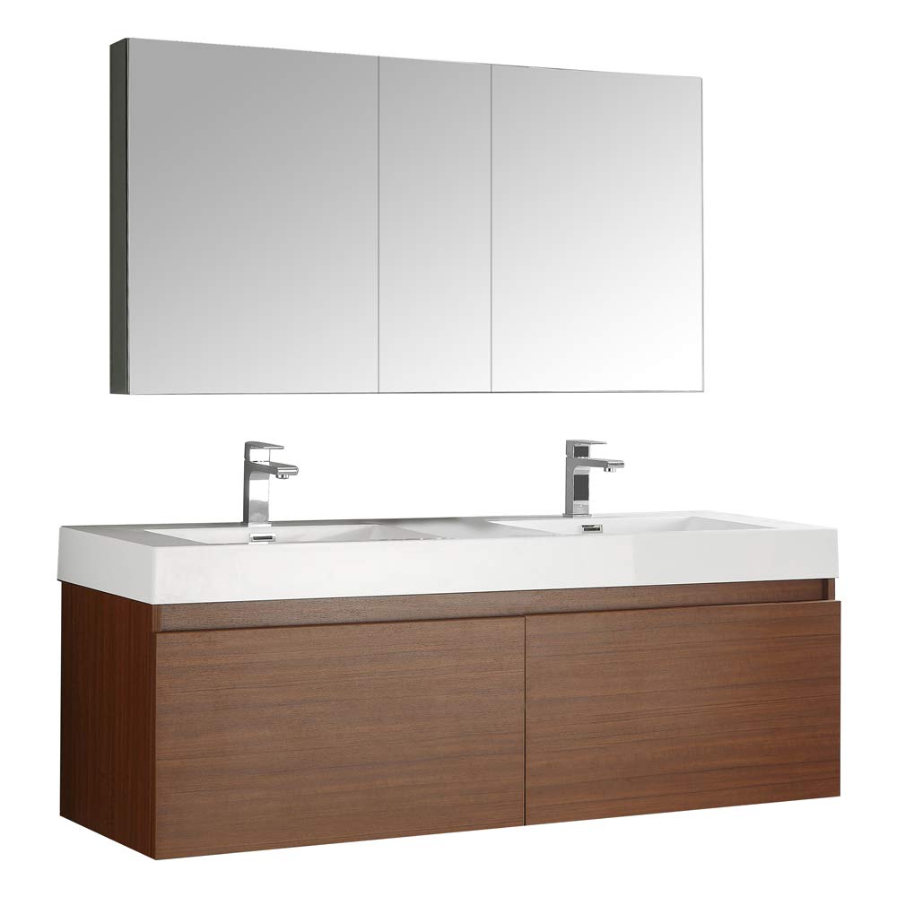 Fresca FVN8042TK Fresca Mezzo 60" Teak Wall Hung Double Sink Modern Bathroom Vanity w/ Medicine Cabinet