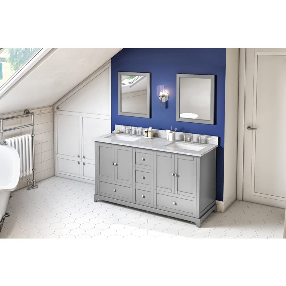 Jeffrey Alexander VKITADD60GRWCR 60" Grey Addington Vanity, double bowl, White Carrara Marble Vanity Top, two undermount rectangle bowls