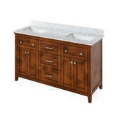 Jeffrey Alexander VKITCHA60CHWCR 60" Chocolate Chatham Vanity, double bowl, White Carrara Marble Vanity Top, two undermount rectangle bowls
