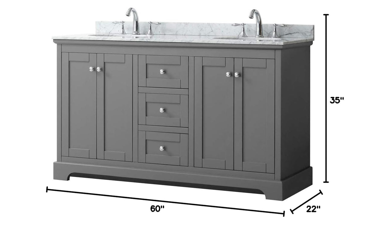 Avery 60 Inch Double Bathroom Vanity in Dark Gray White Carrara Marble Countertop Undermount Oval Sinks and No Mirror