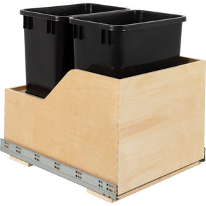 Hardware Resources CAN-WBMD3518B Double 35 Quart Wood Bottom-Mount Soft-Close Trashcan Rollout for Hinged Doors, Includes Two Black Cans