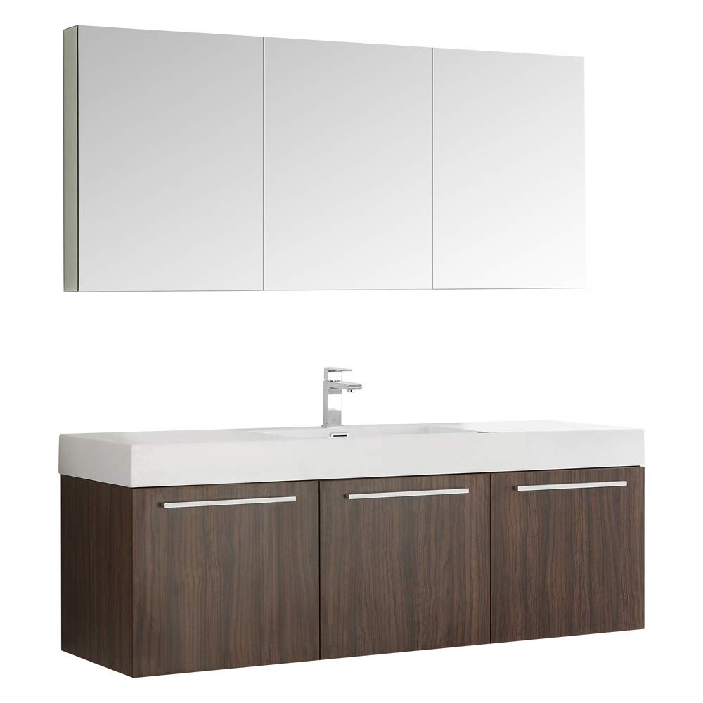 Fresca FVN8093GW Fresca Vista 60" Walnut Wall Hung Single Sink Modern Bathroom Vanity w/ Medicine Cabinet