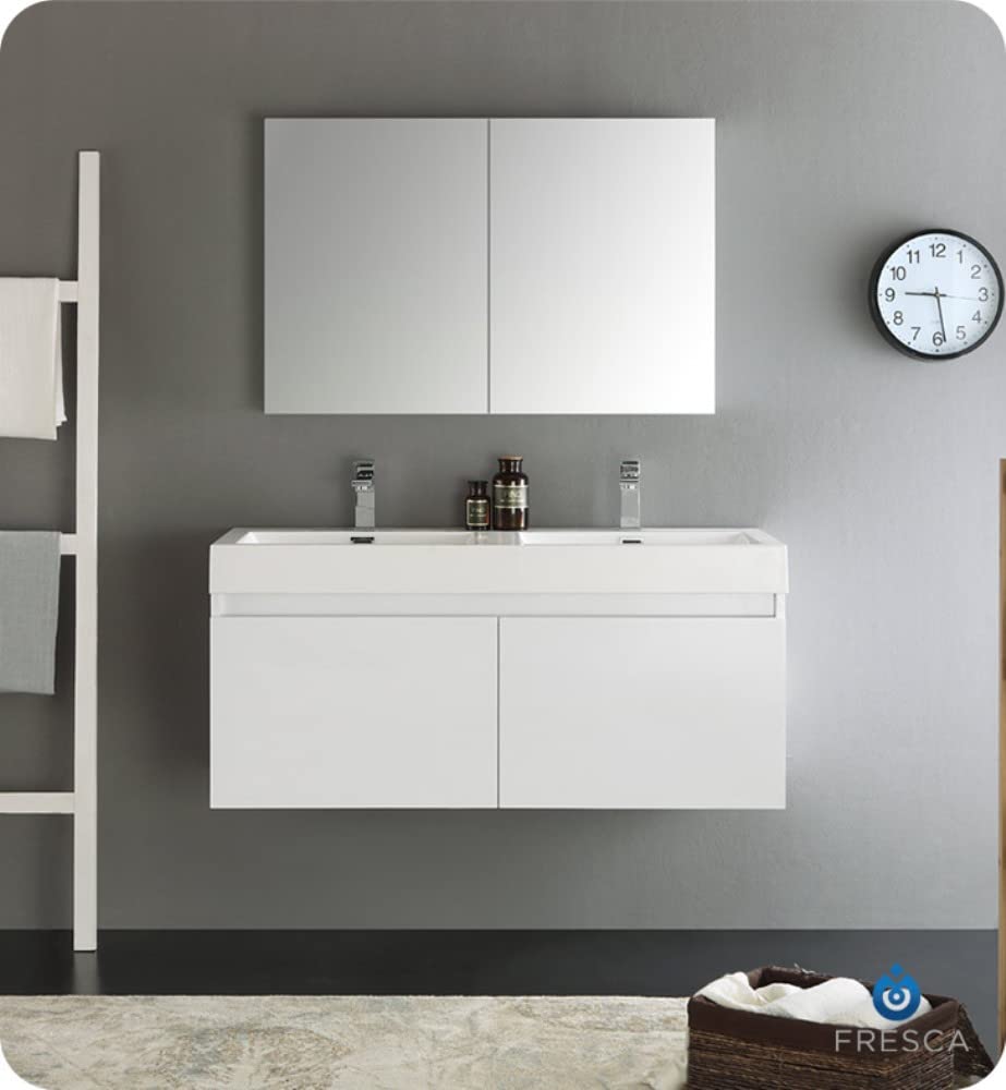Fresca FCB8012WH Fresca Mezzo 48" White Wall Hung Double Sink Modern Bathroom Cabinet