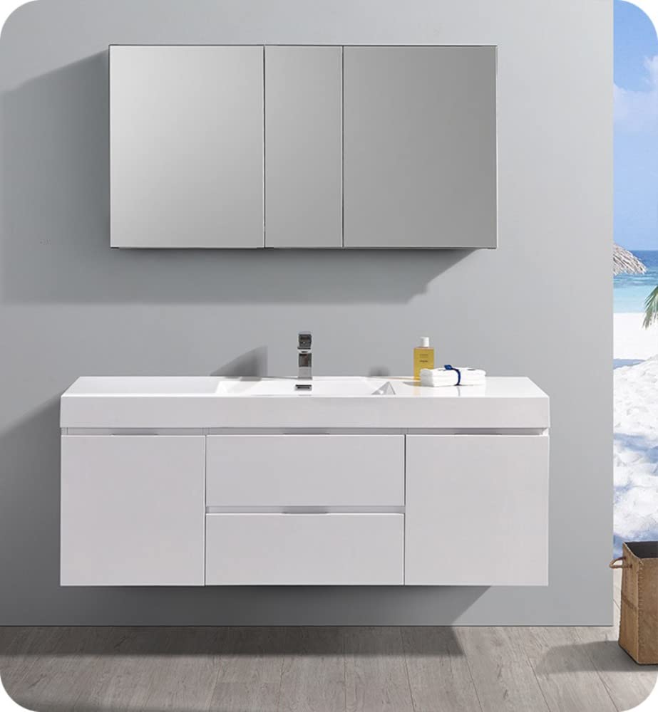 Fresca FCB8360WH Fresca Valencia 60" Glossy White Wall Hung Single Sink Modern Bathroom Cabinet
