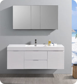 Fresca FCB8360WH Fresca Valencia 60" Glossy White Wall Hung Single Sink Modern Bathroom Cabinet