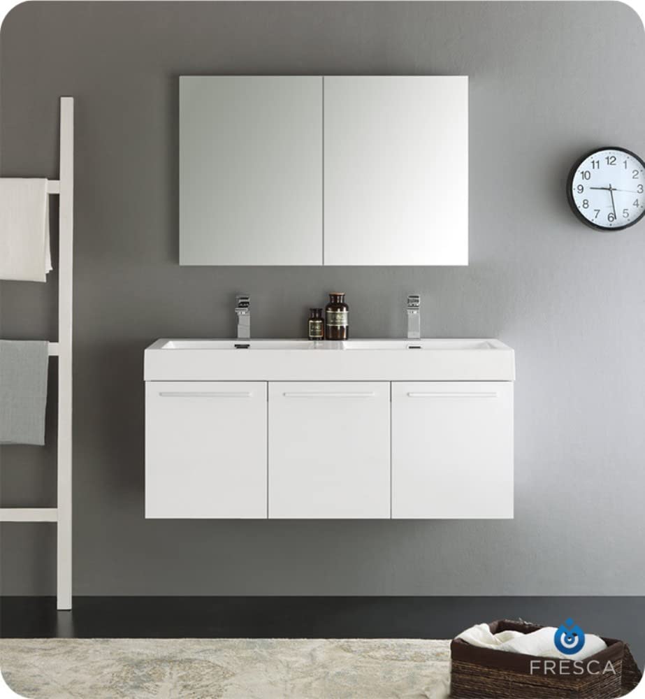 Fresca FCB8092WH-D Fresca Vista 48" White Wall Hung Double Sink Modern Bathroom Cabinet