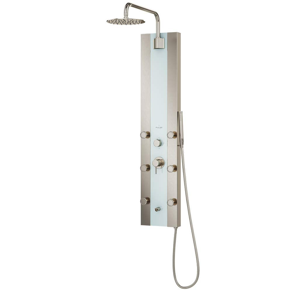 PULSE ShowerSpas 1039W-BN Tropicana ShowerSpa Panel with 10" Rain Showerhead, 6 Body Spray Jets and Hand Shower, White Glass with Brushed Nickel Fixtures, 2.5 GPM