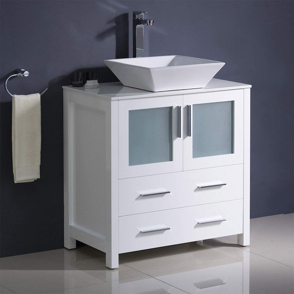 Fresca FCB6230WH-CWH-V Fresca Torino 30" White Modern Bathroom Cabinet w/ Top & Vessel Sink