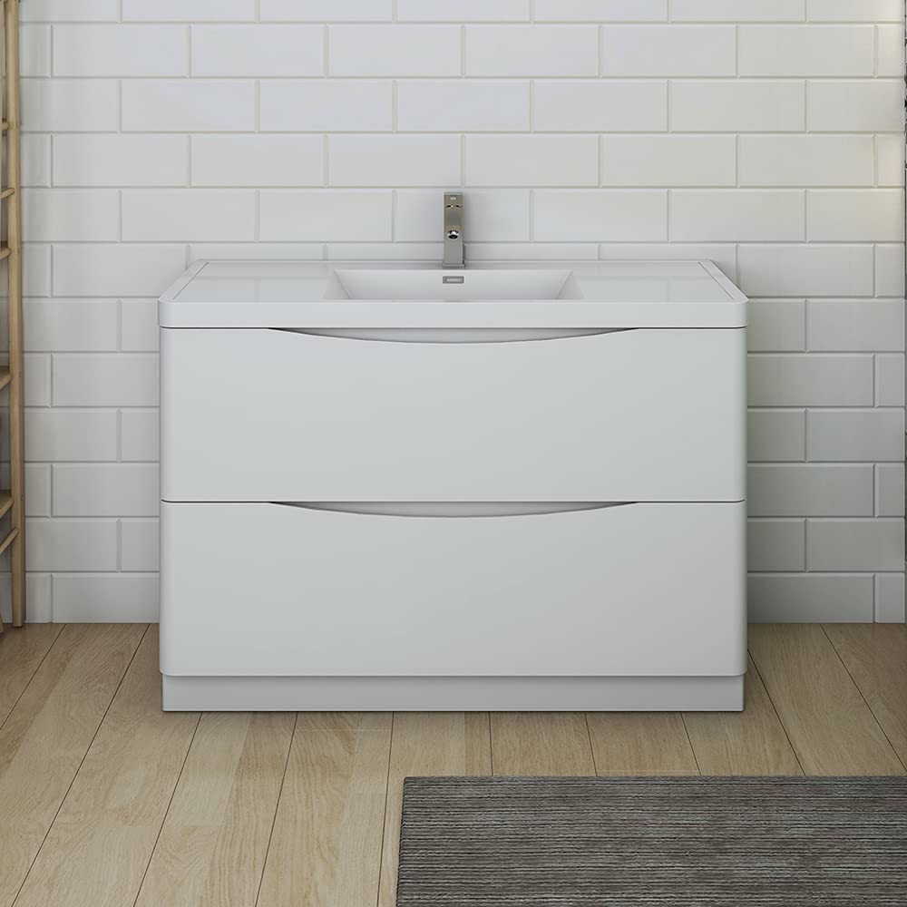 Fresca FCB9148WH-I Fresca Tuscany 48" Glossy White Free Standing Modern Bathroom Cabinet w/ Integrated Sink