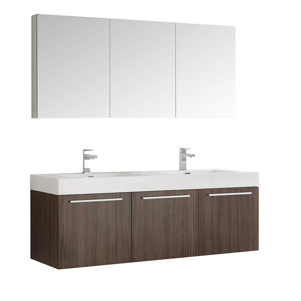 Fresca FVN8093GW-D Fresca Vista 60" Walnut Wall Hung Double Sink Modern Bathroom Vanity w/ Medicine Cabinet