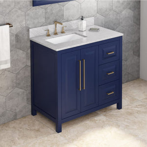 Jeffrey Alexander VKITCAD36BLWCR 36" Hale Blue Cade Vanity, left offset, White Carrara Marble Vanity Top, undermount rectangle bowl