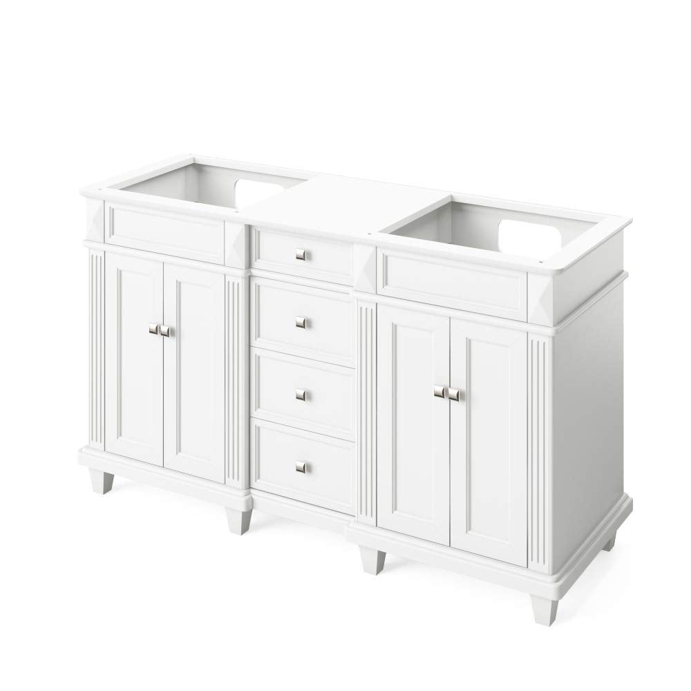 Jeffrey Alexander VKITDOU60WHWCR 60" White Douglas Vanity, double bowl, White Carrara Marble Vanity Top, two undermount rectangle bowls