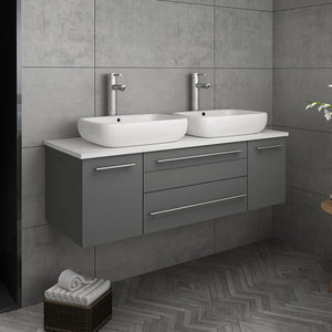 Fresca FCB6148WH-VSL-D-CWH-V Fresca Lucera 48" White Wall Hung Modern Bathroom Cabinet w/ Top & Double Vessel Sinks
