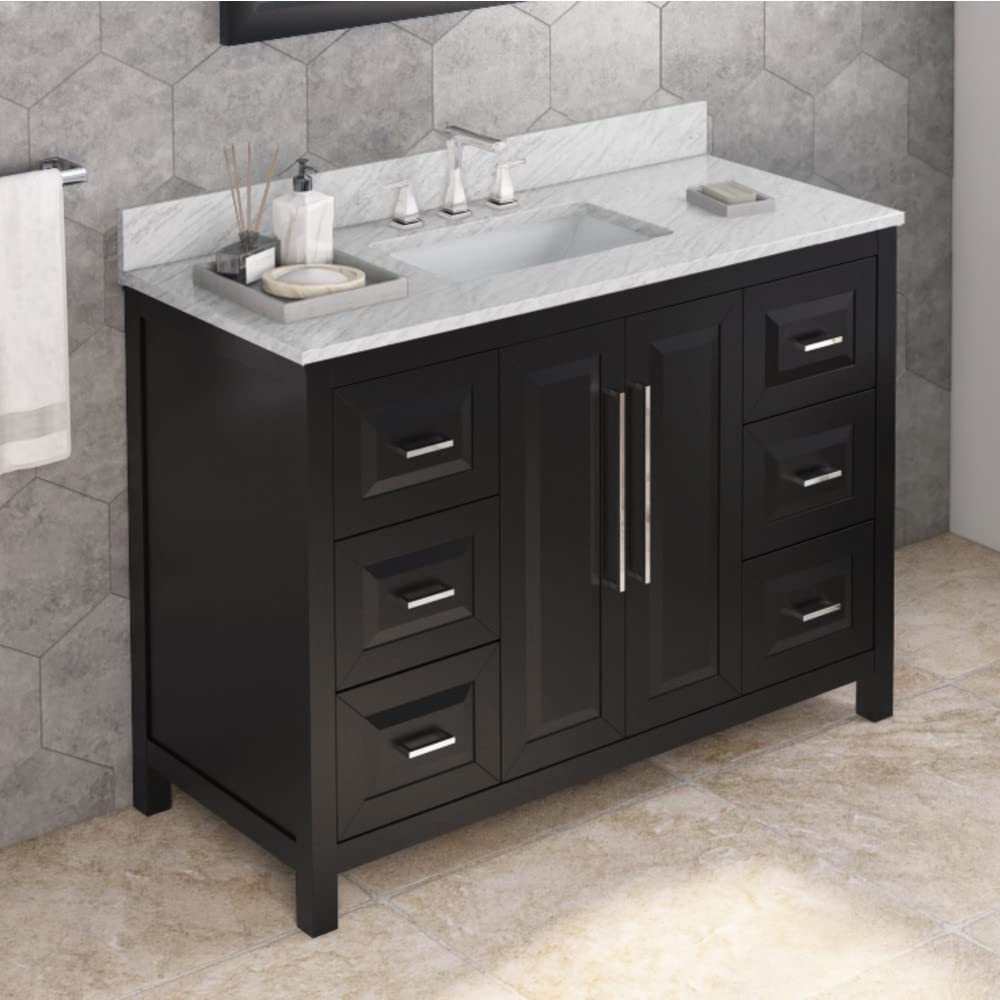 Jeffrey Alexander VKITCAD48BKWCR 48" Black Cade Vanity, White Carrara Marble Vanity Top, undermount rectangle bowl