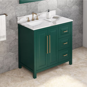 Jeffrey Alexander VKITCAD36GNCQR 36" Forest Green Cade Vanity, left offset, Calacatta Vienna Quartz Vanity Top, undermount rectangle bowl