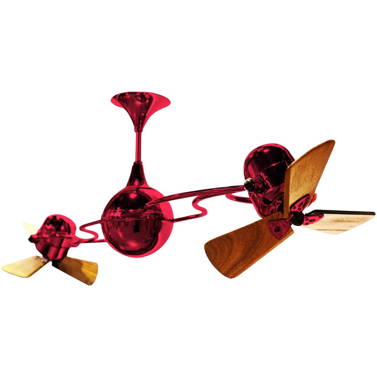 Matthews Fan IV-RED-WD Italo Ventania 360° dual headed rotational ceiling fan in  Rubi (Red) finish with solid sustainable mahogany wood blades.