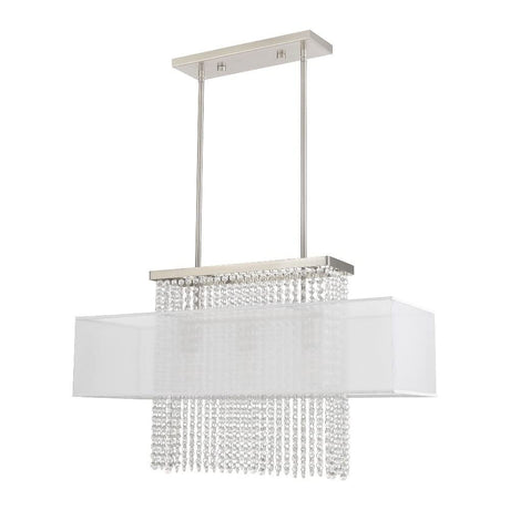 Livex Lighting 41123-91 Bella Vista - Three Light Linear Chandelier, Brushed Nickel Finish with Translucent Fabric Shade with Clear Crystal, 26.00x30.00x10.00