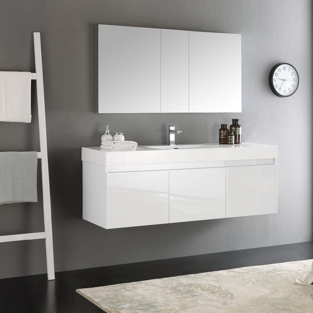 Fresca FVN8041WH Fresca Mezzo 60" White Wall Hung Single Sink Modern Bathroom Vanity w/ Medicine Cabinet