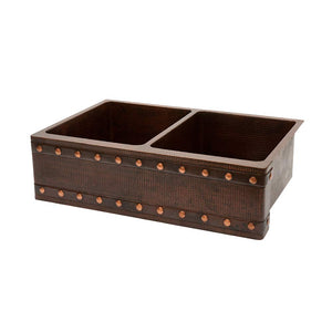 Premier Copper Products KA50DB33229BS 33-Inch Hammered Copper Kitchen Apron Double Basin Sink Copper…