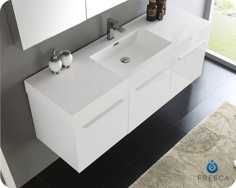 Fresca FVN8093WH Fresca Vista 60" White Wall Hung Single Sink Modern Bathroom Vanity w/ Medicine Cabinet