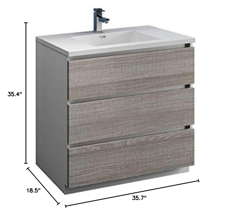 Fresca FCB9336HA-I Fresca Lazzaro 36" Glossy Ash Gray Free Standing Modern Bathroom Cabinet w/ Integrated Sink