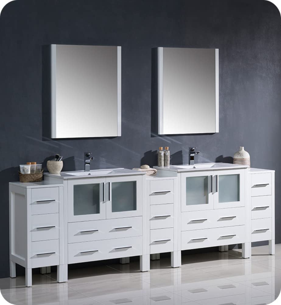 Fresca FVN62-96WH-UNS Fresca Torino 96" White Modern Double Sink Bathroom Vanity w/ 3 Side Cabinets & Integrated Sinks