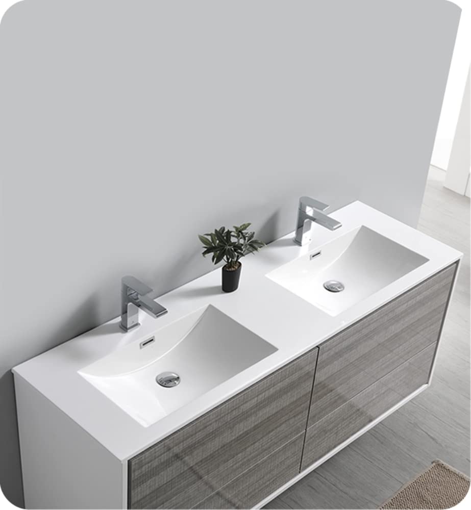 Fresca FCB9260HA-D Fresca Catania 60" Glossy Ash Gray Wall Hung Double Sink Modern Bathroom Cabinet