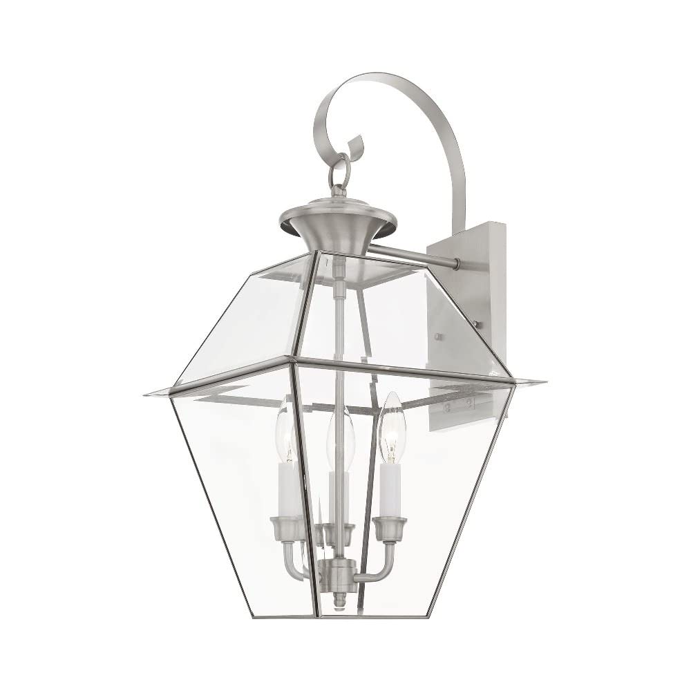 Livex Lighting 2381-91 Transitional Three Light Outdoor Wall Lantern from Westover Collection in Pwt, Nckl, B/S, Slvr. Finish, Brushed Nickel