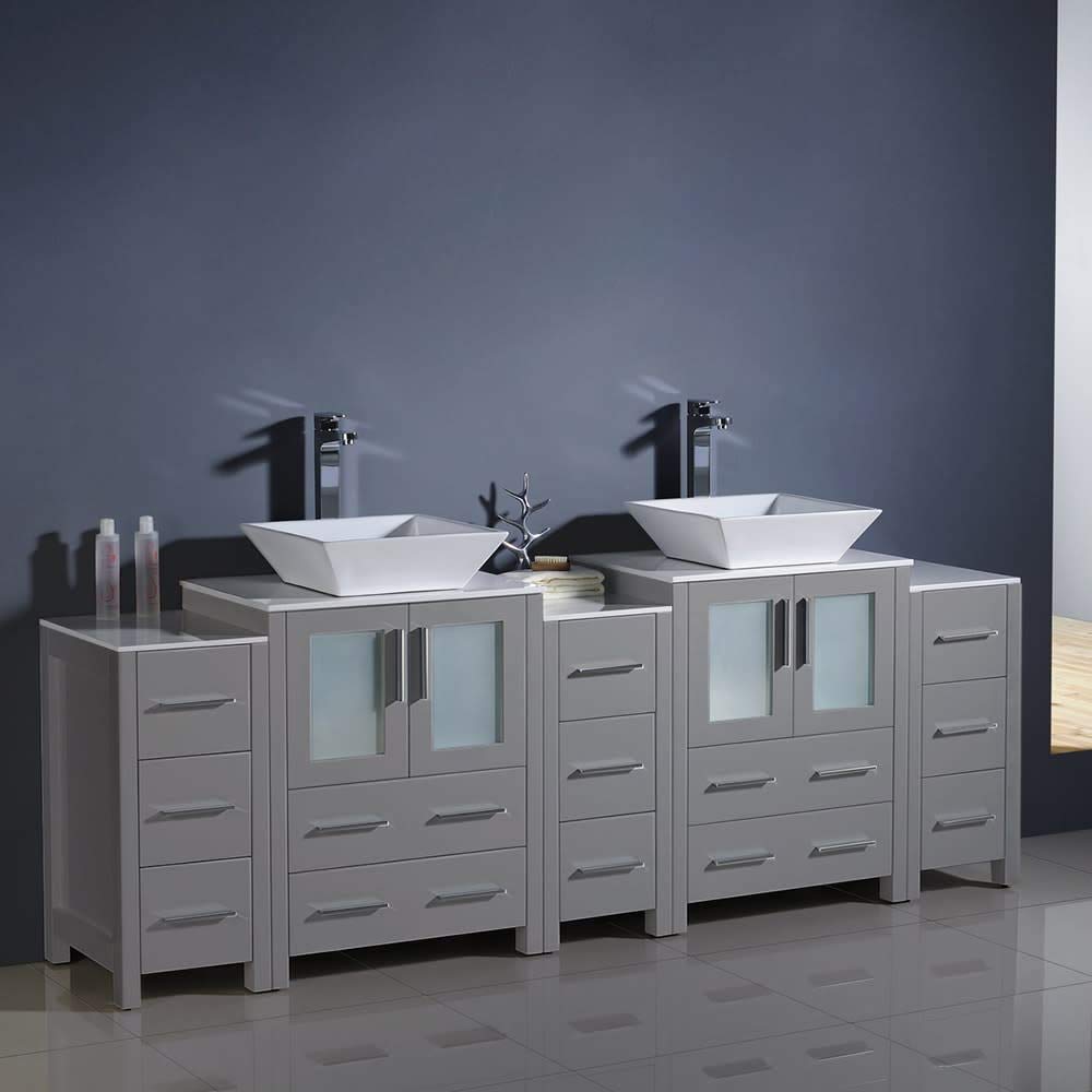 Fresca FCB62-72GO-CWH-V Fresca Torino 84" Gray Oak Modern Double Sink Bathroom Cabinets w/ Tops & Vessel Sinks