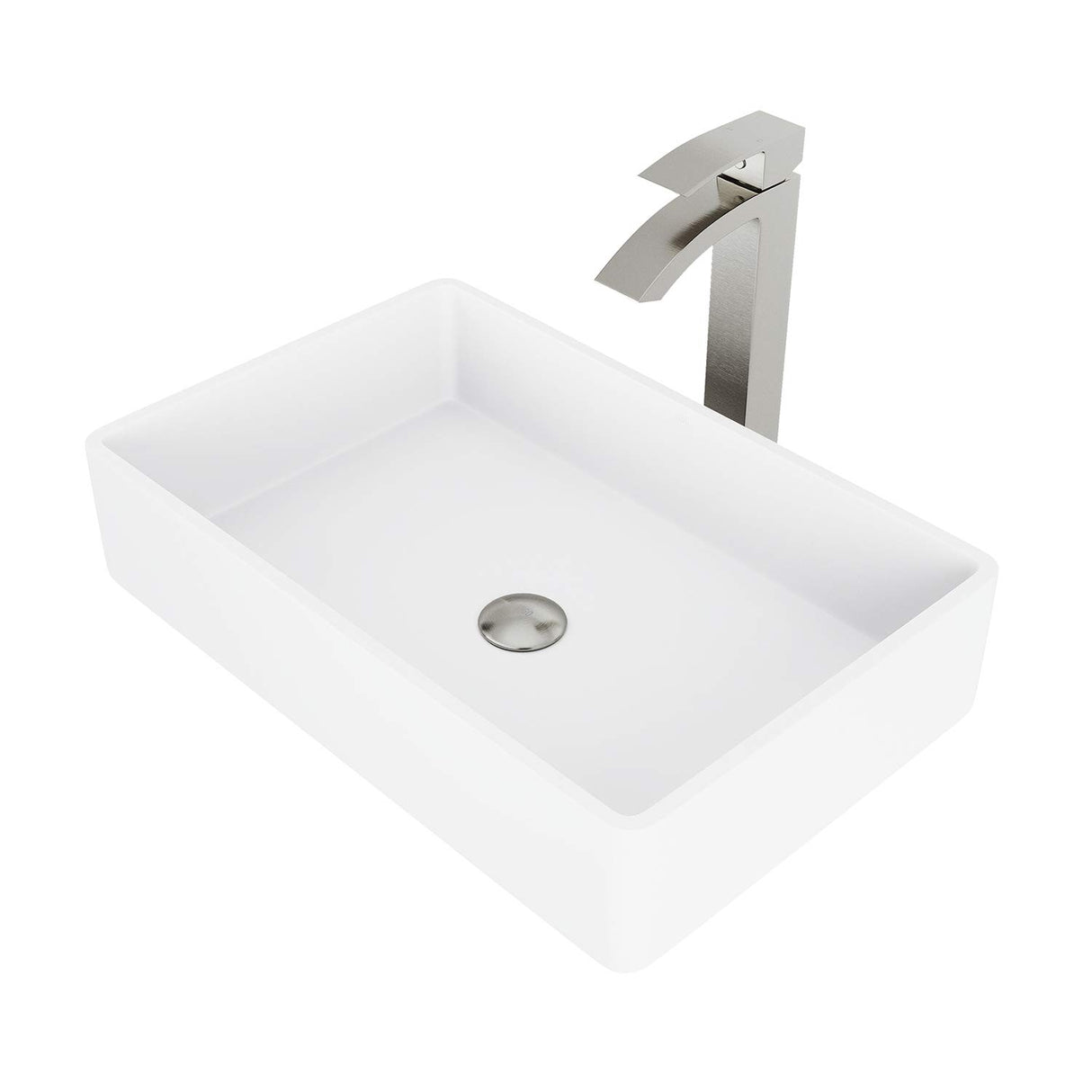 VIGO VGT1230 13.88" L -21.25" W -12.0" H Handmade Countertop White Matte Stone Rectangle Vessel Bathroom Sink Set in Matte White Finish with Brushed Nickel Single-Handle Faucet and Pop Up Drain