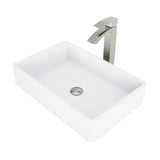 VIGO VGT1230 13.88" L -21.25" W -12.0" H Handmade Countertop White Matte Stone Rectangle Vessel Bathroom Sink Set in Matte White Finish with Brushed Nickel Single-Handle Faucet and Pop Up Drain