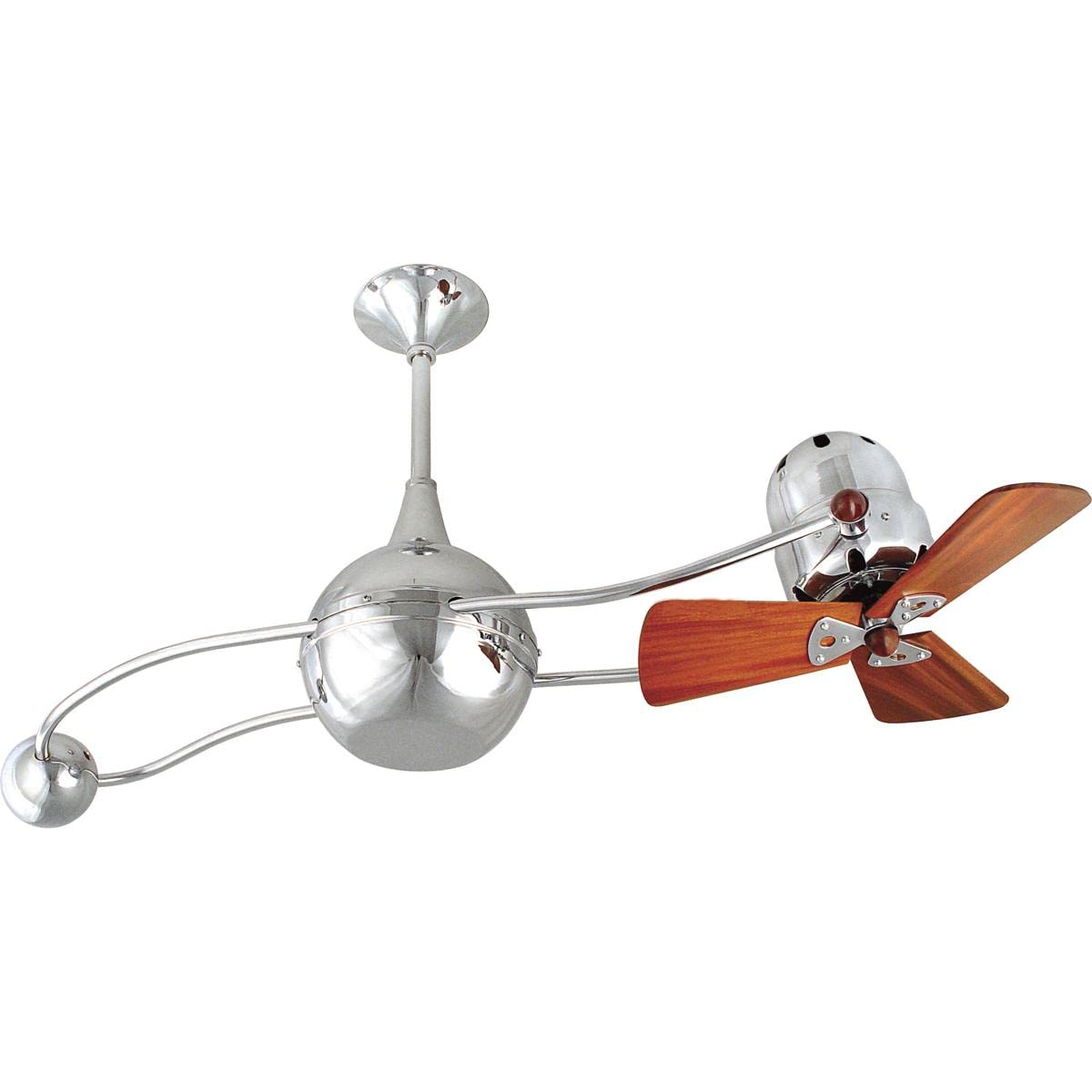 Matthews Fan B2K-CR-WD-Damp Brisa 360° counterweight rotational ceiling fan in Polished Chrome finish with solid sustainable mahogany wood blades for damp locations.