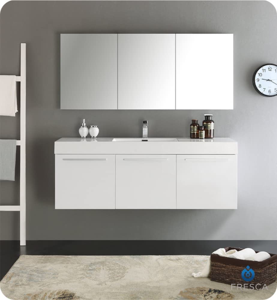 Fresca FVN8093WH Fresca Vista 60" White Wall Hung Single Sink Modern Bathroom Vanity w/ Medicine Cabinet