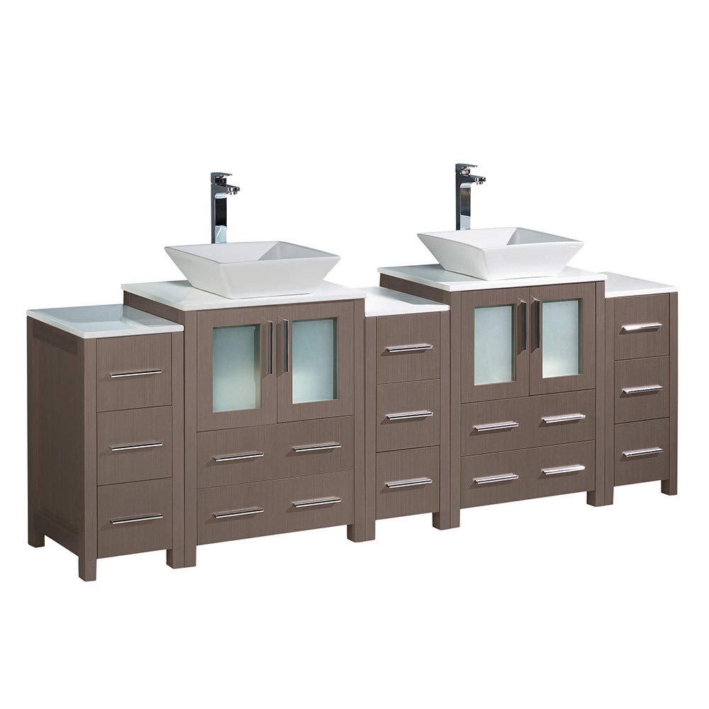 Fresca FCB62-72GO-CWH-V Fresca Torino 84" Gray Oak Modern Double Sink Bathroom Cabinets w/ Tops & Vessel Sinks