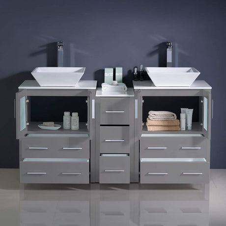 Fresca FCB62-241224GO-CWH-V Fresca Torino 60" Gray Oak Modern Double Sink Bathroom Cabinets w/ Tops & Vessel Sinks