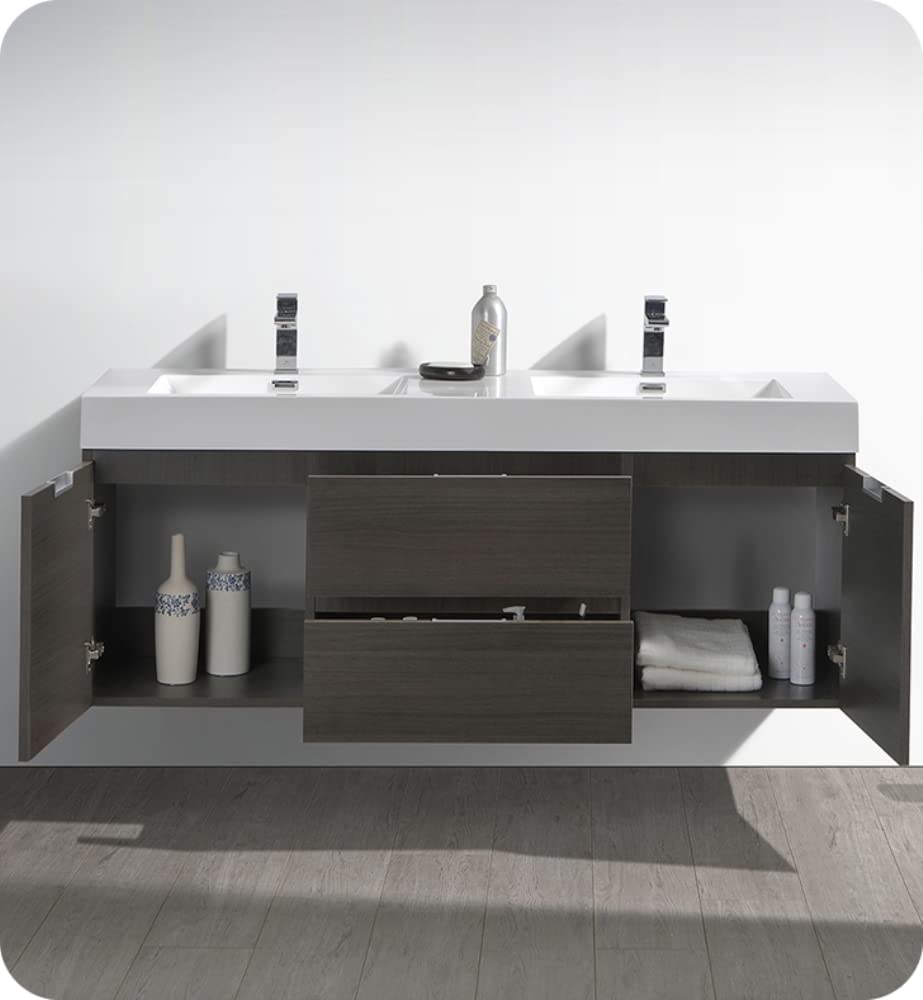 Fresca FCB8360GO-D Fresca Valencia 60" Gray Oak Wall Hung Double Sink Modern Bathroom Cabinet