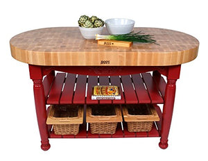John Boos CU-HAR60-CB Maple Harvest Table - 60" x 30" Oval 4" Thick End-Grain Butcher Block Top, Caribbean Blue Base.