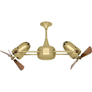 Matthews Fan DD-BRBR-WD Duplo Dinamico 360” rotational dual head ceiling fan in Brushed Brass finish with solid sustainable mahogany wood blades.