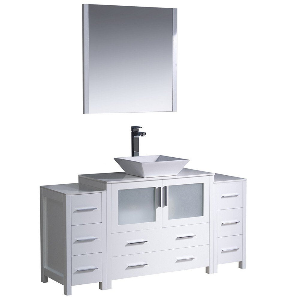 Fresca FVN62-123612WH-VSL Fresca Torino 60" White Modern Bathroom Vanity w/ 2 Side Cabinets & Vessel Sink