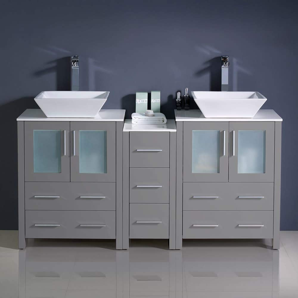 Fresca FCB62-241224WH-CWH-V Fresca Torino 60" White Modern Double Sink Bathroom Cabinets w/ Tops & Vessel Sinks