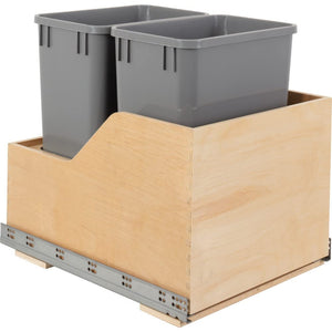 Hardware Resources CAN-WBMD3518G Double 35 Quart Wood Bottom-Mount Soft-Close Trashcan Rollout for Hinged Doors, Includes Two Grey Cans