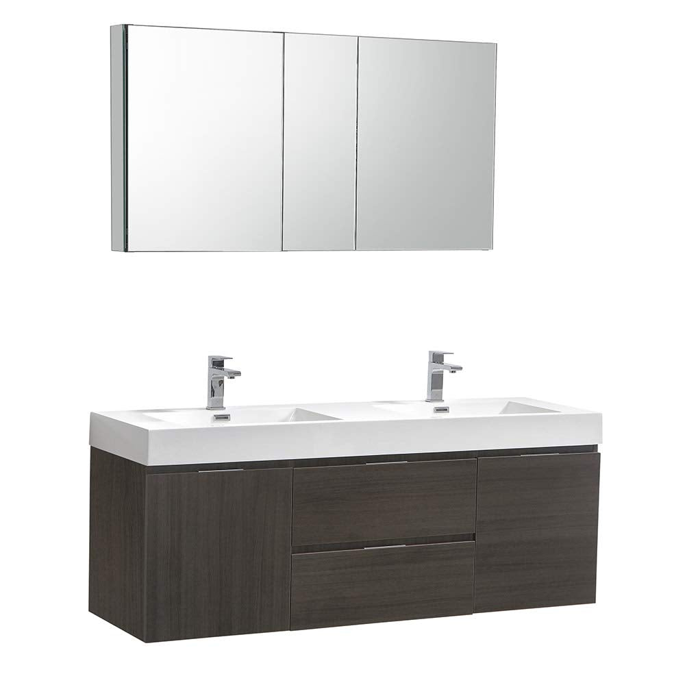 Fresca FVN8360GO-D Fresca Valencia 60" Gray Oak Wall Hung Double Sink Modern Bathroom Vanity w/ Medicine Cabinet