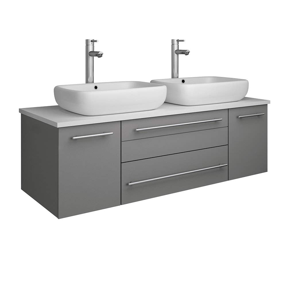 Fresca FCB6148GR-VSL-D-CWH-V Fresca Lucera 48" Gray Wall Hung Modern Bathroom Cabinet w/ Top & Double Vessel Sinks