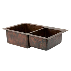 Premier Copper Products K60DB33229 33-Inch Hammered Copper Kitchen 60/40 Double Basin Sink, Oil Rubbed Bronze