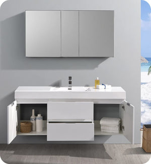 Fresca FCB8360WH Fresca Valencia 60" Glossy White Wall Hung Single Sink Modern Bathroom Cabinet