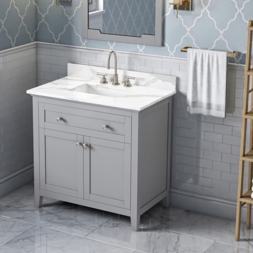 Jeffrey Alexander VKITCHA36GRCQR 36" Grey Chatham Vanity, Calacatta Vienna Quartz Vanity Top, undermount rectangle bowl