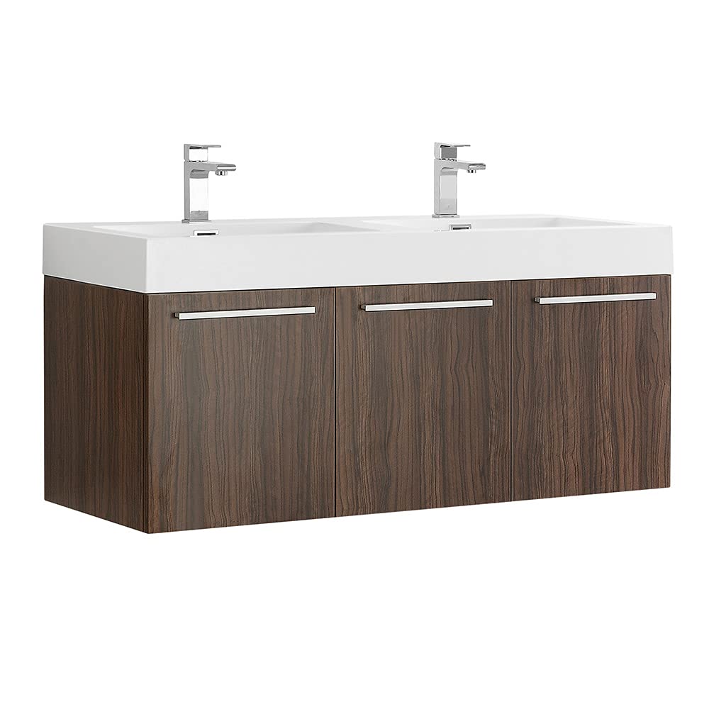 Fresca FCB8092GW-D Fresca Vista 48" Walnut Wall Hung Double Sink Modern Bathroom Cabinet