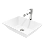 VIGO VGT2055 13.75" L -18.0" W -4.63" H Matte Stone Vinca Composite Rectangular Vessel Bathroom Sink in White with Faucet and Pop-Up Drain in Brushed Nickel