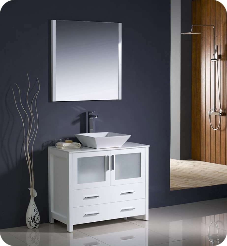 Fresca FCB6236WH-CWH-V Fresca Torino 36" White Modern Bathroom Cabinet w/ Top & Vessel Sink