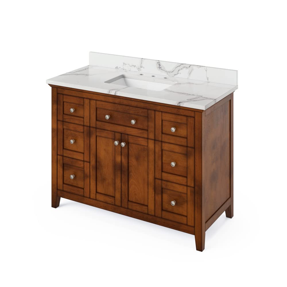 Jeffrey Alexander VKITCHA48CHCQR 48" Chocolate Chatham Vanity, Calacatta Vienna Quartz Vanity Top, undermount rectangle bowl